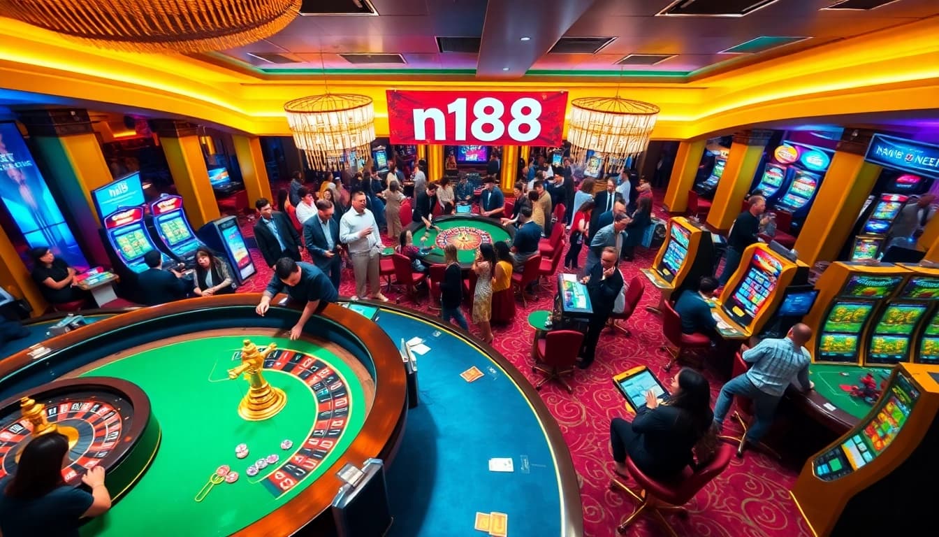 Players enjoying high-stakes gambling at n188 casino tables with vibrant games