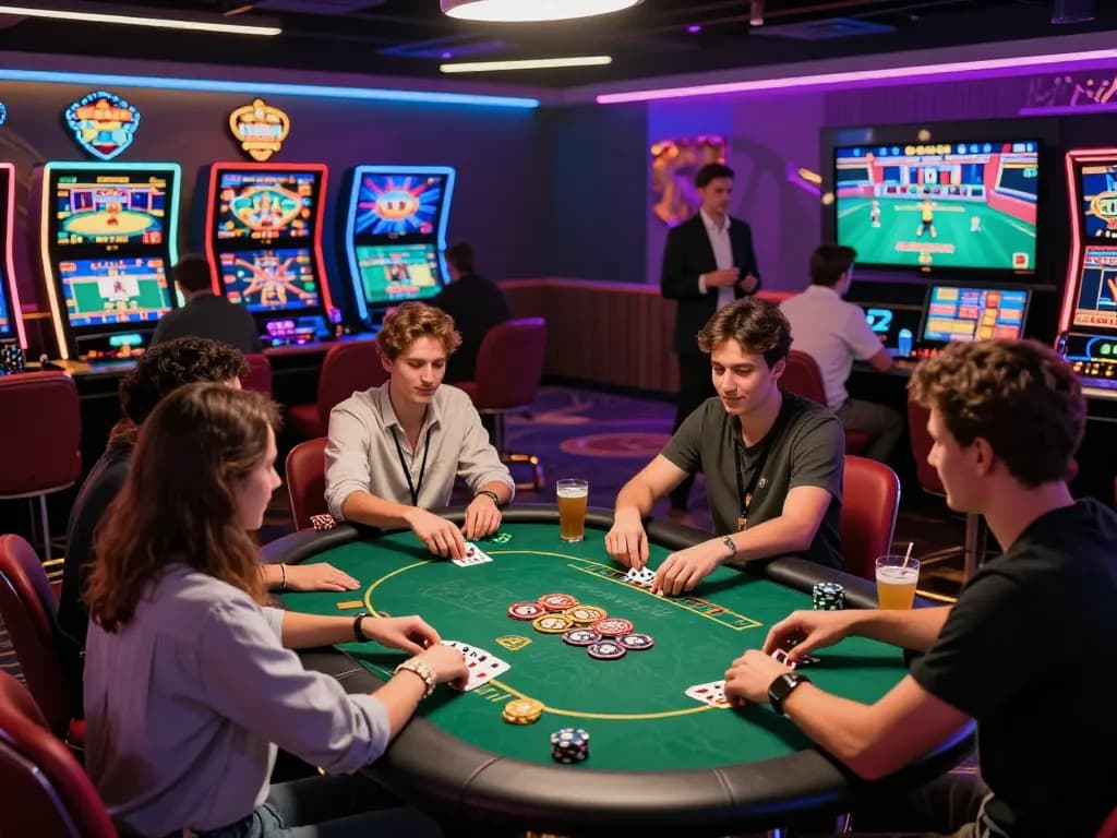 Engaging casino night with gem88 as friends enjoy poker and slots in vibrant gaming environment.