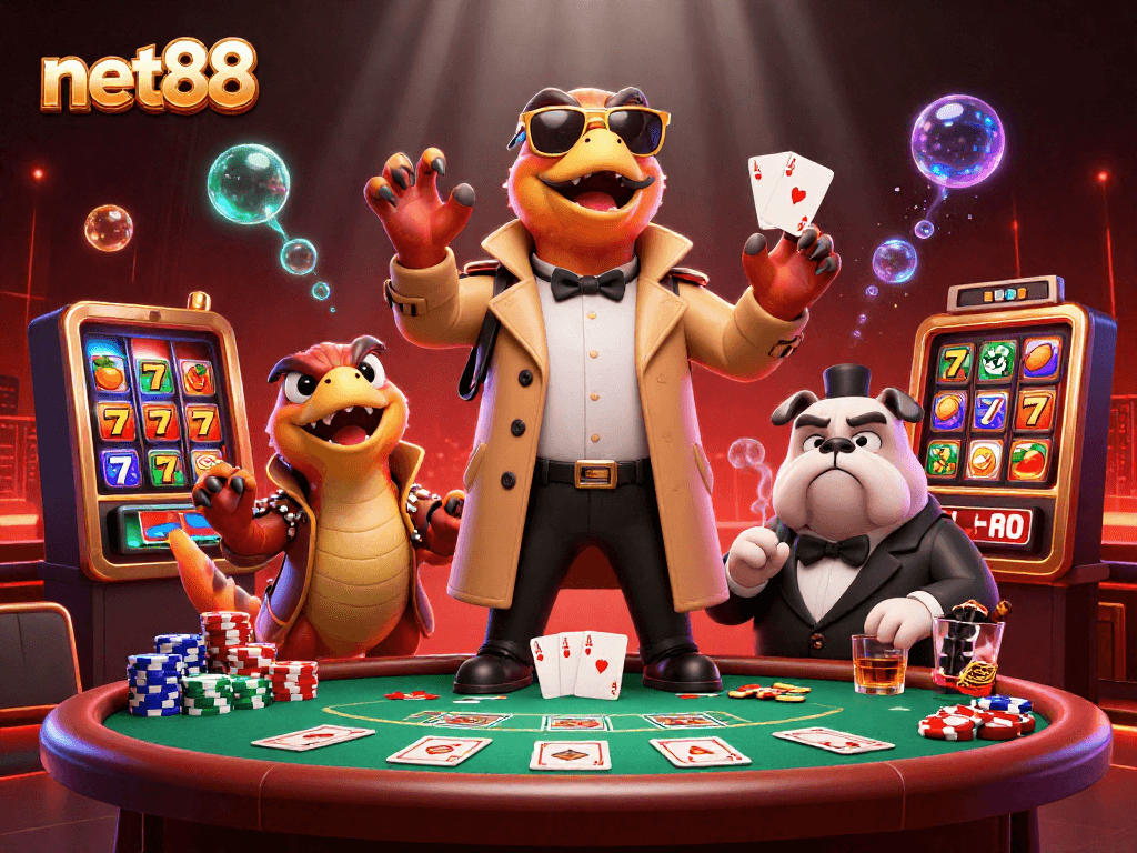 net88 raptors in disguise amusingly trying to enter a VIP lounge at a casino, full of poker elements
