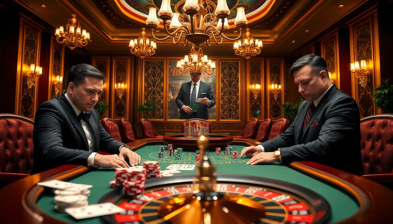 Intense poker action at nhà cái fly88 casino with luxurious decor and vibrant energy.