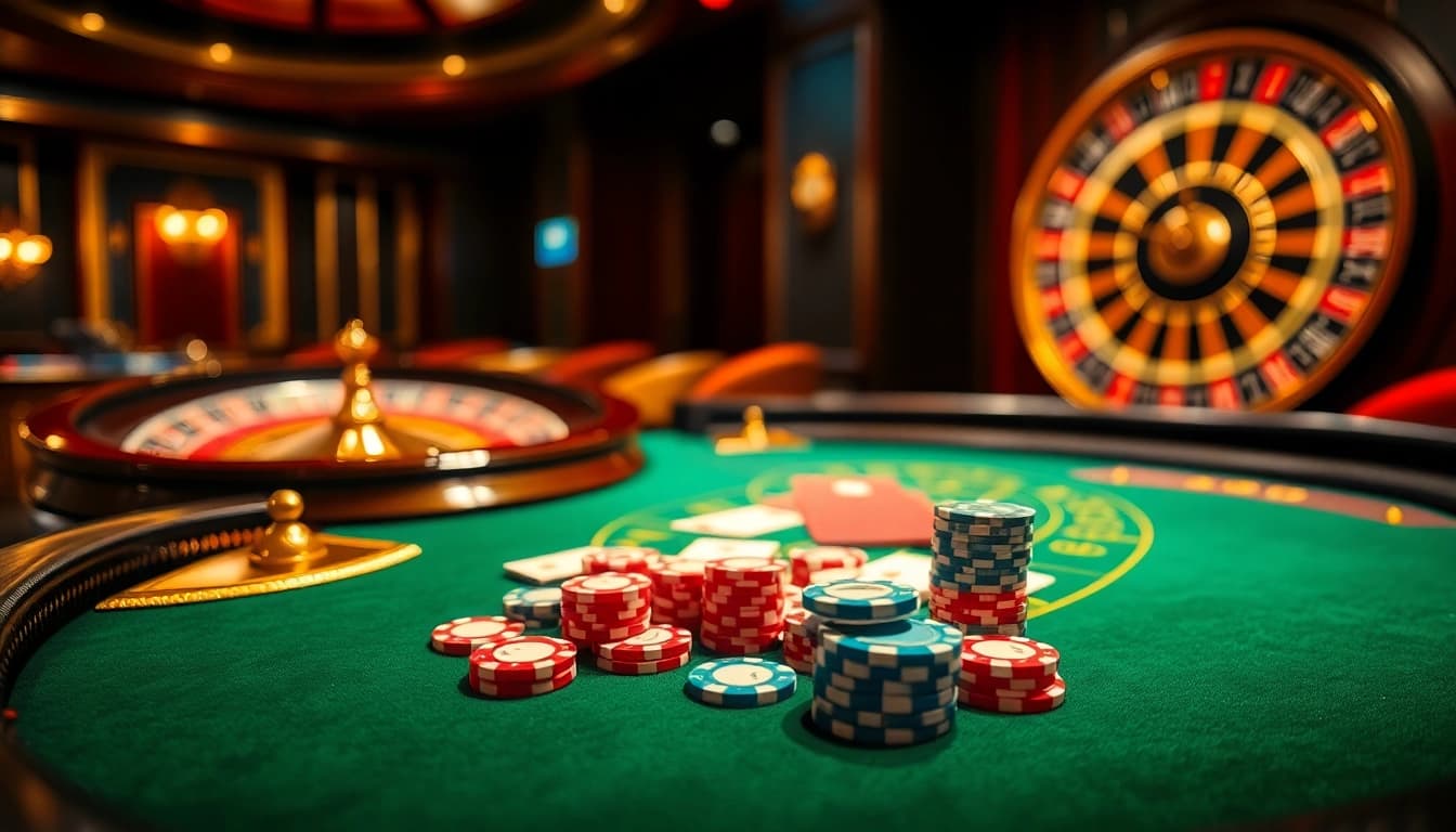 High-stakes game at 88I casino showcasing a luxurious blackjack table with vibrant poker chips.