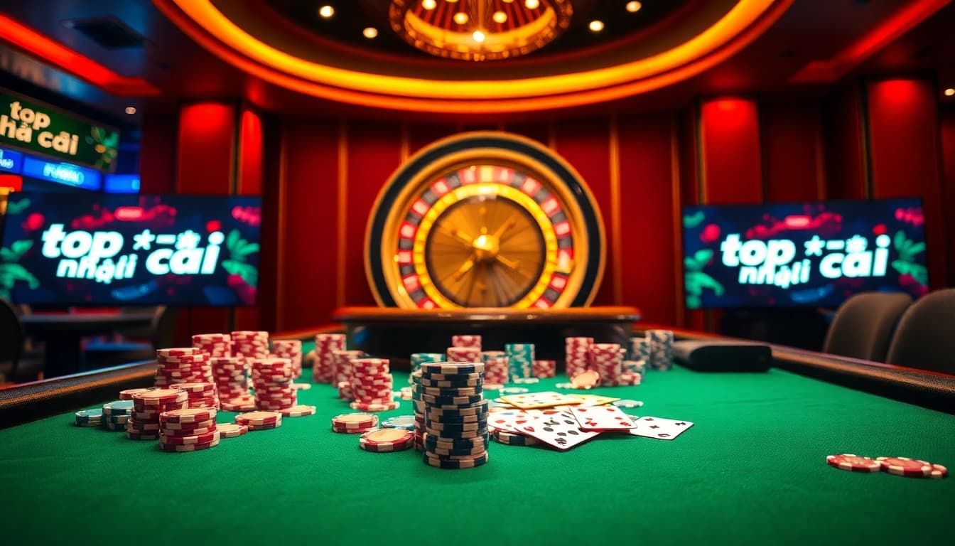 Engaging scene showcasing top nhà cái at an upscale casino table with poker chips and cards.
