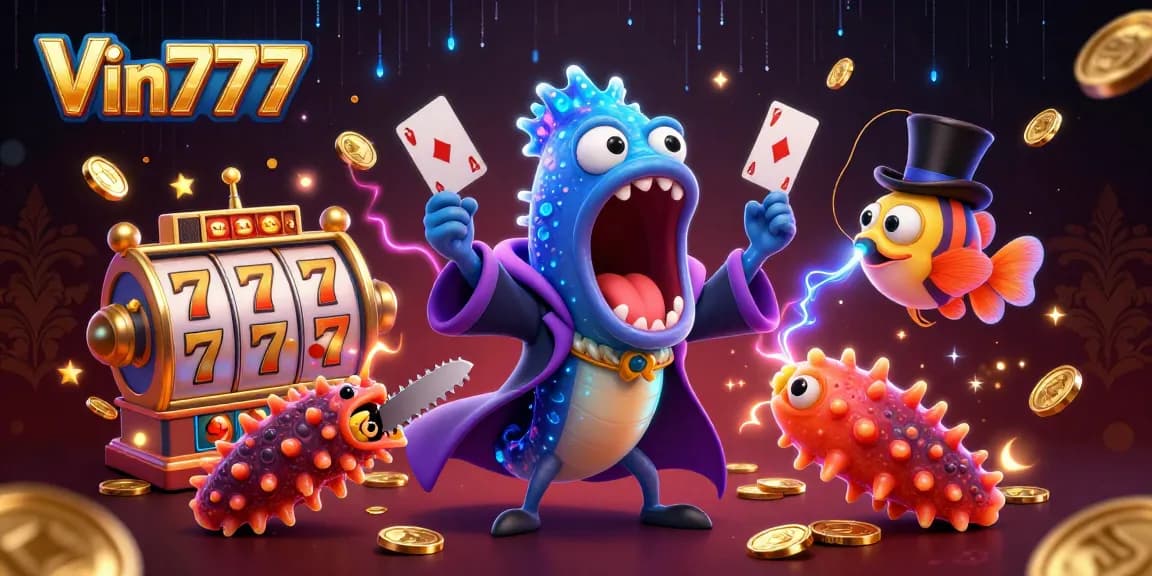 Join the magical world of Vin777 with a luminescent gulper eel performing card tricks surrounded by casino elements.