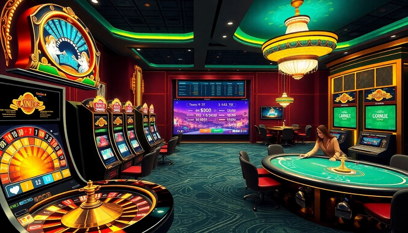 Experience the excitement of kim88 game with vibrant casino visuals, featuring slot machines and poker tables.