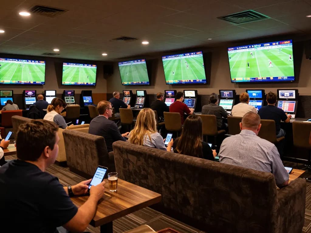 Bongdalu users enjoying live sports betting in a modern lounge, with multiple screens displaying lively matches.