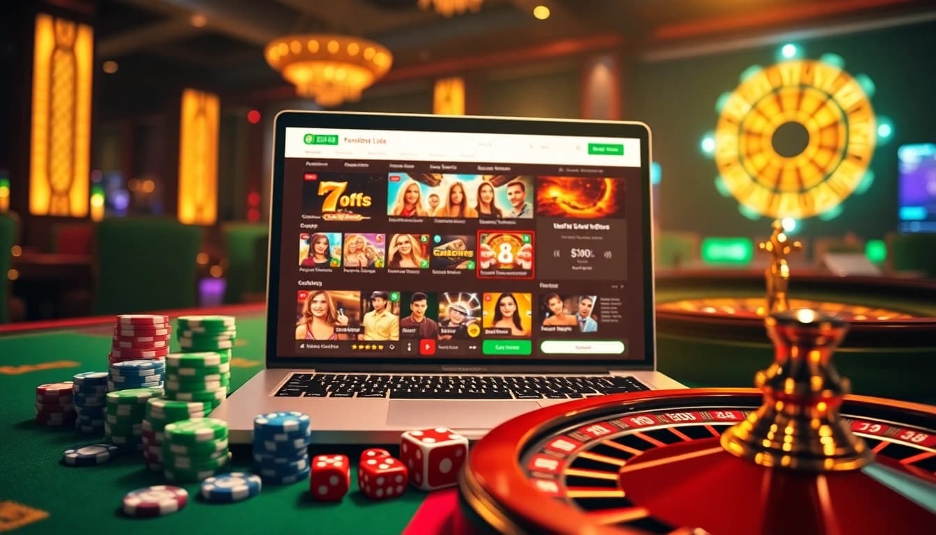 Engaging online gambling scene showcasing luck8 uy tín with poker chips and a laptop screen.