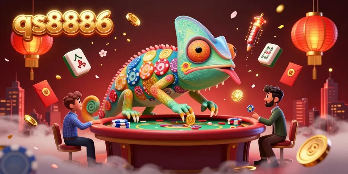 Experience vibrant gaming adventures with qs8886's colorful chameleon casino owner in 3D.