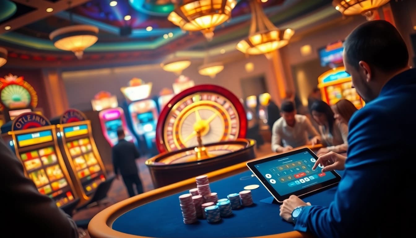 Exciting casino scene showcasing chotruyen, featuring roulette, poker, and vibrant slot machines.