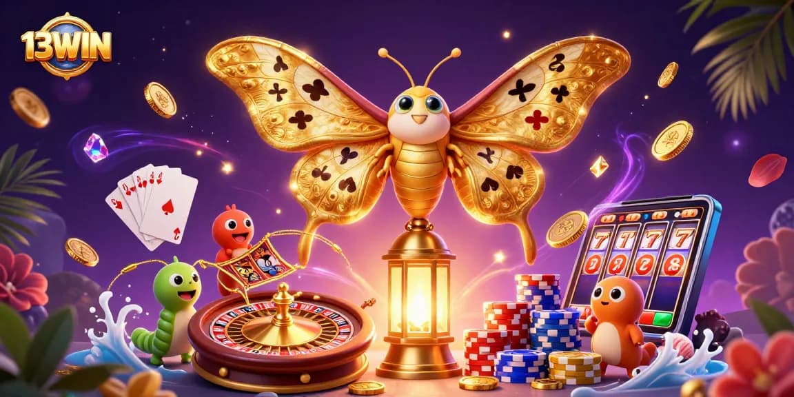 Experience the vibrant energy of 13WIN with a 3D casino scene filled with golden coins, roulette wheels, and festive decorations.