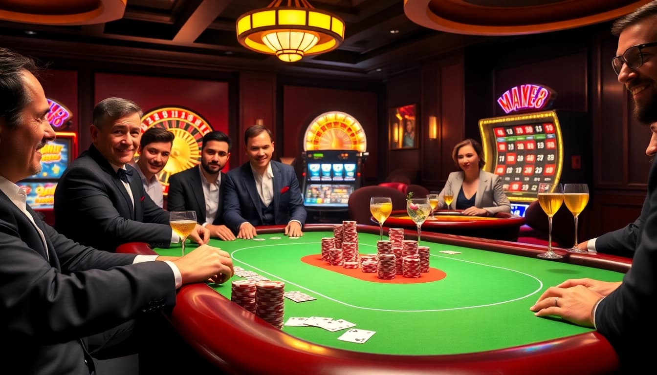 Exciting gambling action at max88 casino with poker chips, roulette wheel, and slot machine.