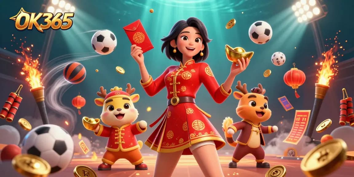 Experience the vibrant energy of OK365 with an Asian woman celebrating Lunar New Year, surrounded by dynamic sports elements and gold coins.