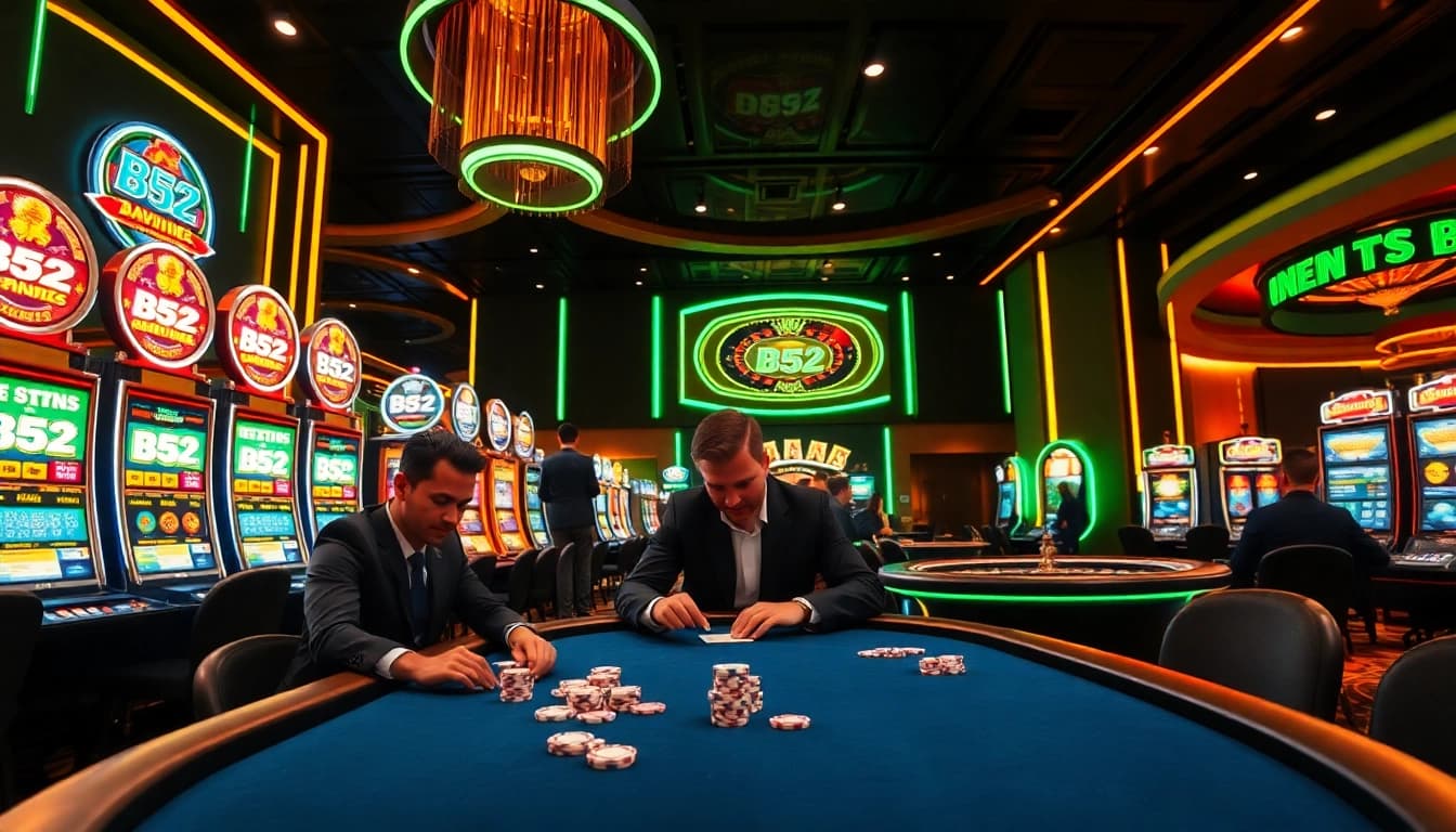 A thrilling B52 poker game amid vibrant casino lights and excitement.