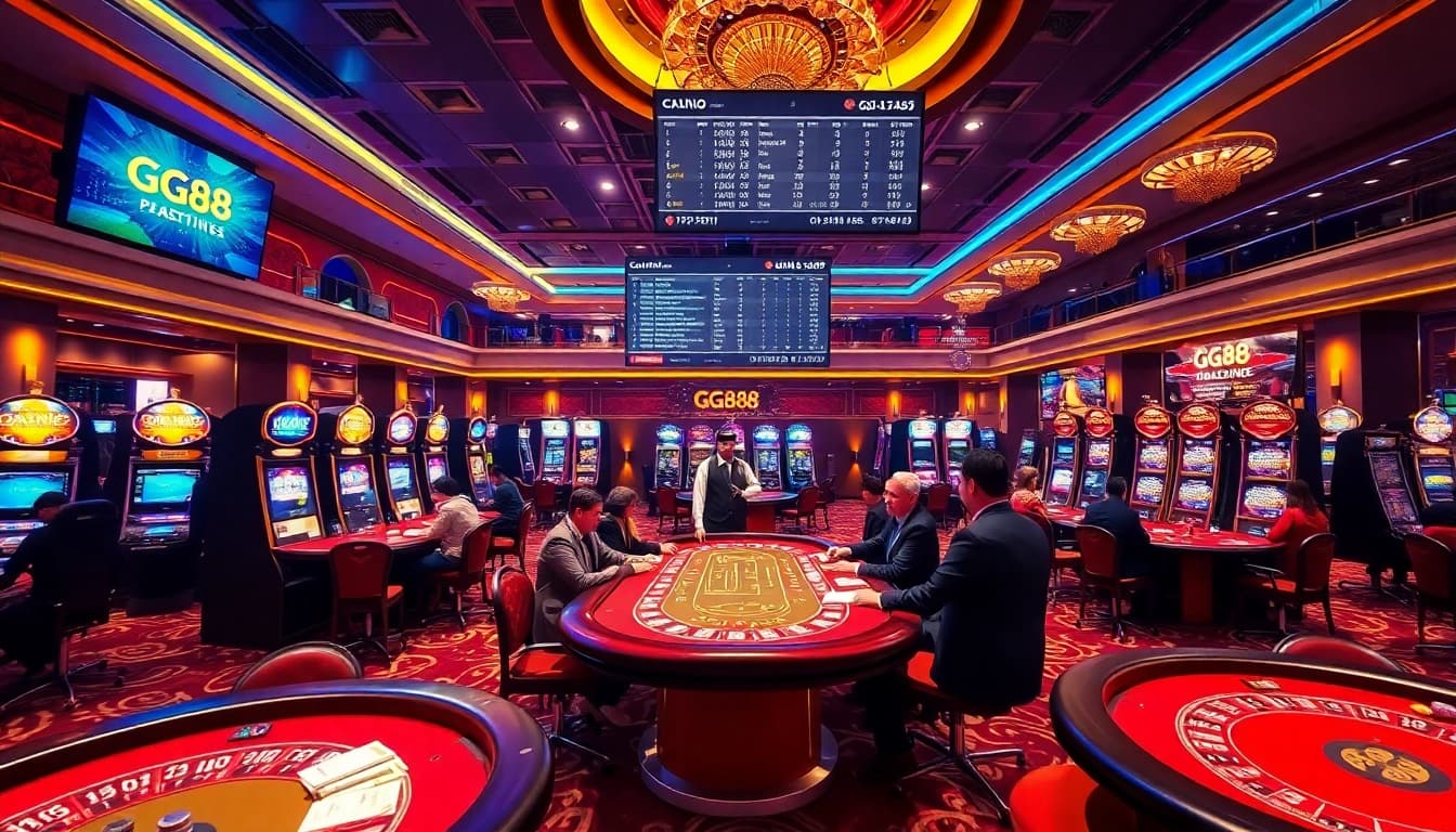 Experience thrilling gameplay at GG88 with vibrant slots and engaging card games in a luxurious casino setting.
