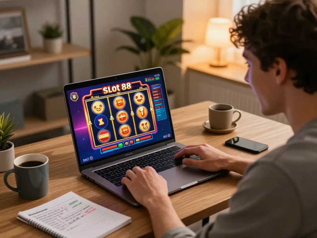 Player engaging with slot88 online gameplay, showcasing excitement and strategic bankroll management.