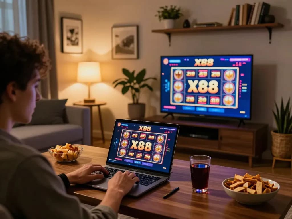 X88 online casino gaming with a player enjoying slots in a cozy home setup