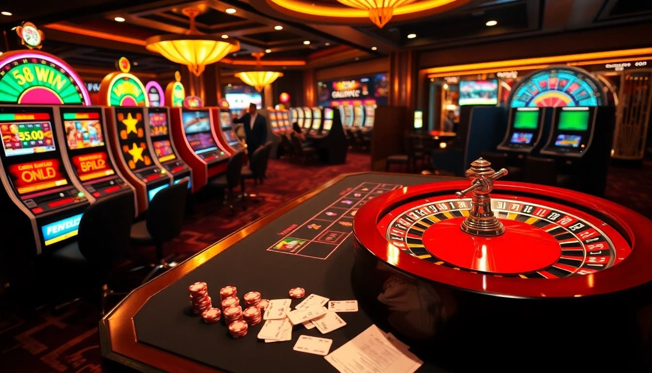 Experience the vibrant thrill of 58win.com with a captivating casino scene including poker chips and roulette.