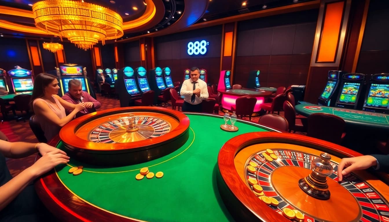 A vibrant casino table scene at 888b with professional poker gameplay, inviting atmosphere, and luxurious decor.