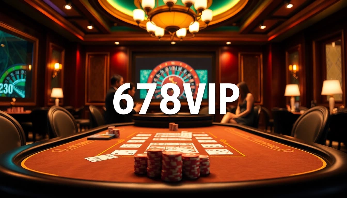 Excited players at the 678VIP casino table, enjoying poker and roulette in a luxurious setting.