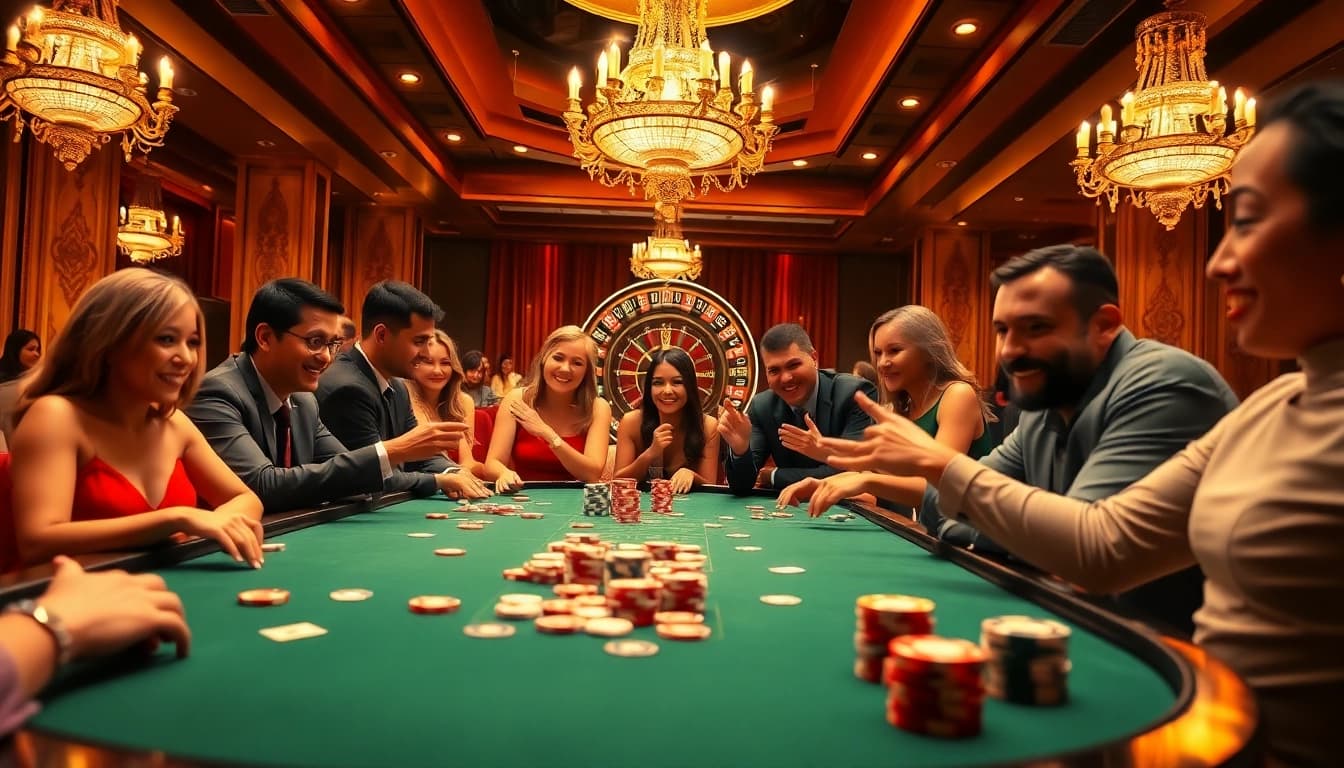 Players engaging at a poker table inside pg88, showcasing excitement and strategy in a luxurious casino environment.