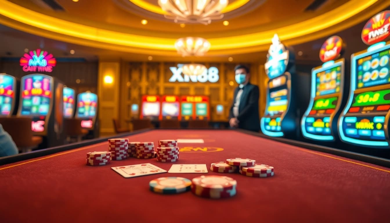 Experience thrilling gameplay at XN88's luxurious online casino environment with vibrant poker tables and betting chips.