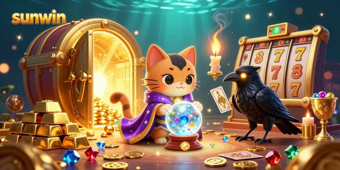 Win big at sunwin with an enchanting casino scene featuring a mystical cat, a tarot raven, and treasures.