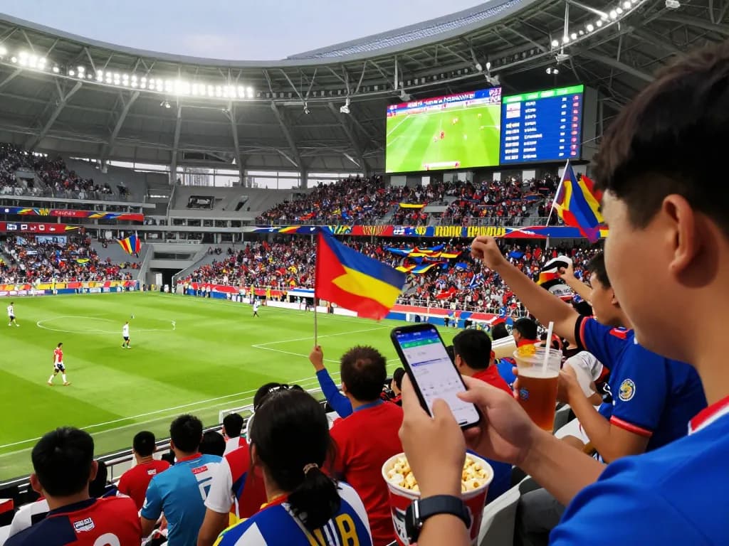 Excited fans engaging in kèo bóng đá betting at a live soccer match.