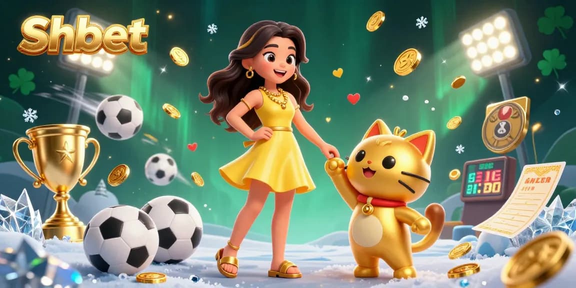 Shbet casino scene showcasing an Asian woman and a lucky cat amidst dynamic sports elements and golden coins.