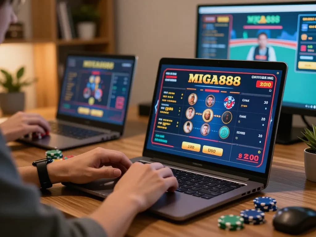 Player engaging with mega888 online casino game on laptop in cozy home office setting, focused and strategic gameplay.
