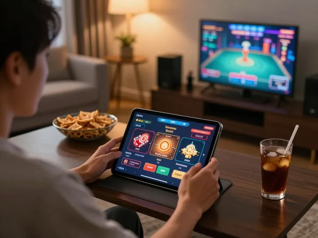 Engaging in the okking app on a cozy tablet setup, showcasing online gaming excitement.