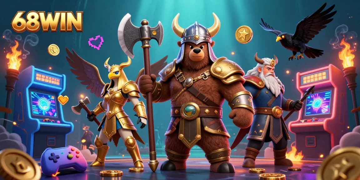 Engage in gaming excitement at 68WIN with a colorful 3D casino scene featuring vibrant characters.