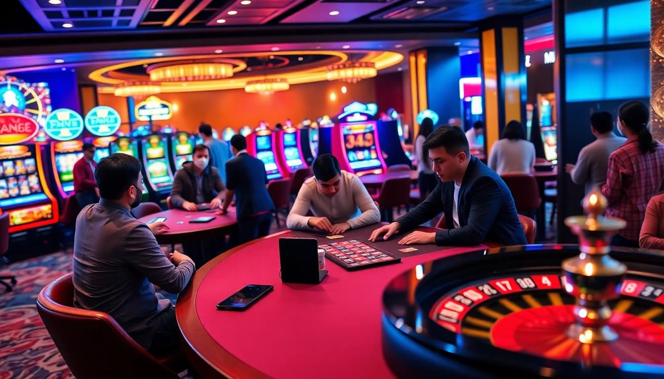 Players enjoying a thrilling game at the typhu88 casino, with an exciting poker table and vibrant slot machines.