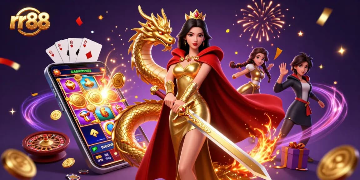 rr88 showcases thrilling slot games with a glamorous warrior queen, golden dragon, and vibrant casino elements.