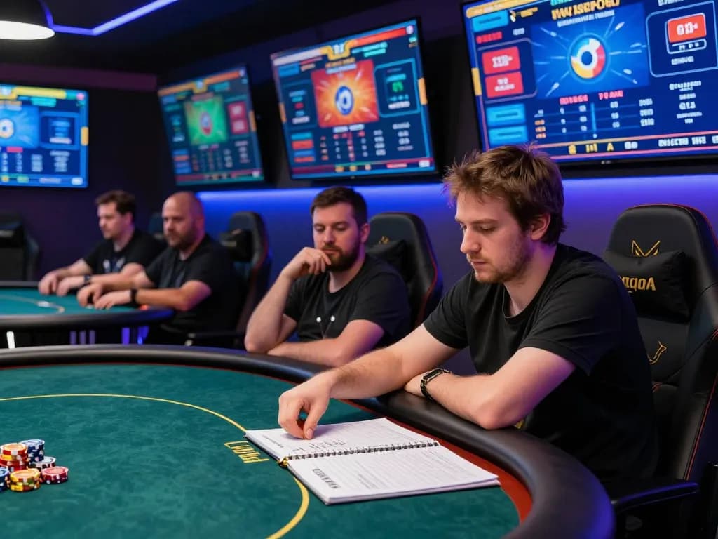 Players enjoying nagapoker action in a vibrant online gaming setup with screens and strategy notes