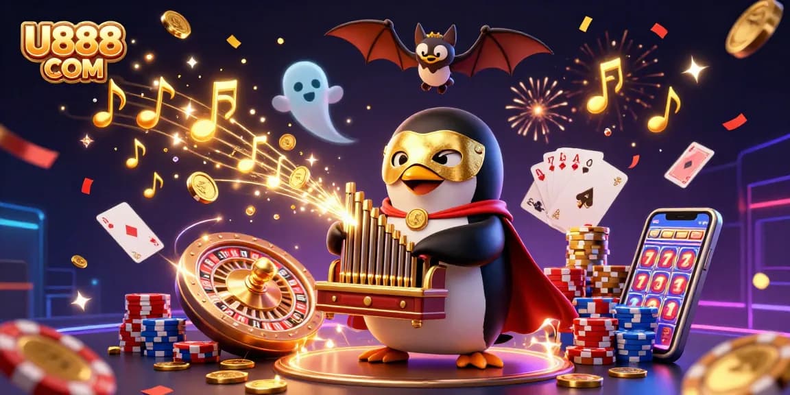 Experience exciting gameplay with U888 COM featuring a penguin playing an organ surrounded by golden coins and casino elements.