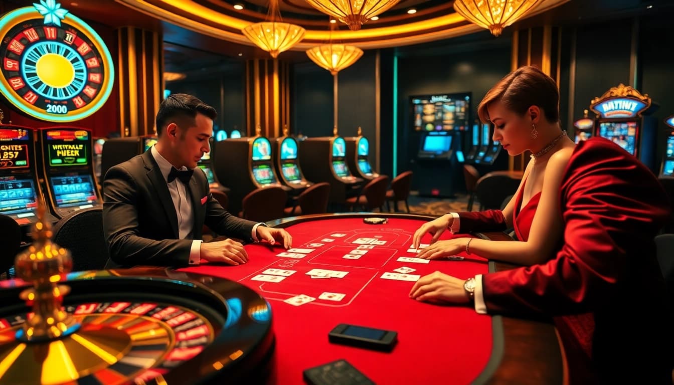 Experience the thrill of betting at nhà cái mibet with a luxurious casino scene featuring poker and slots.