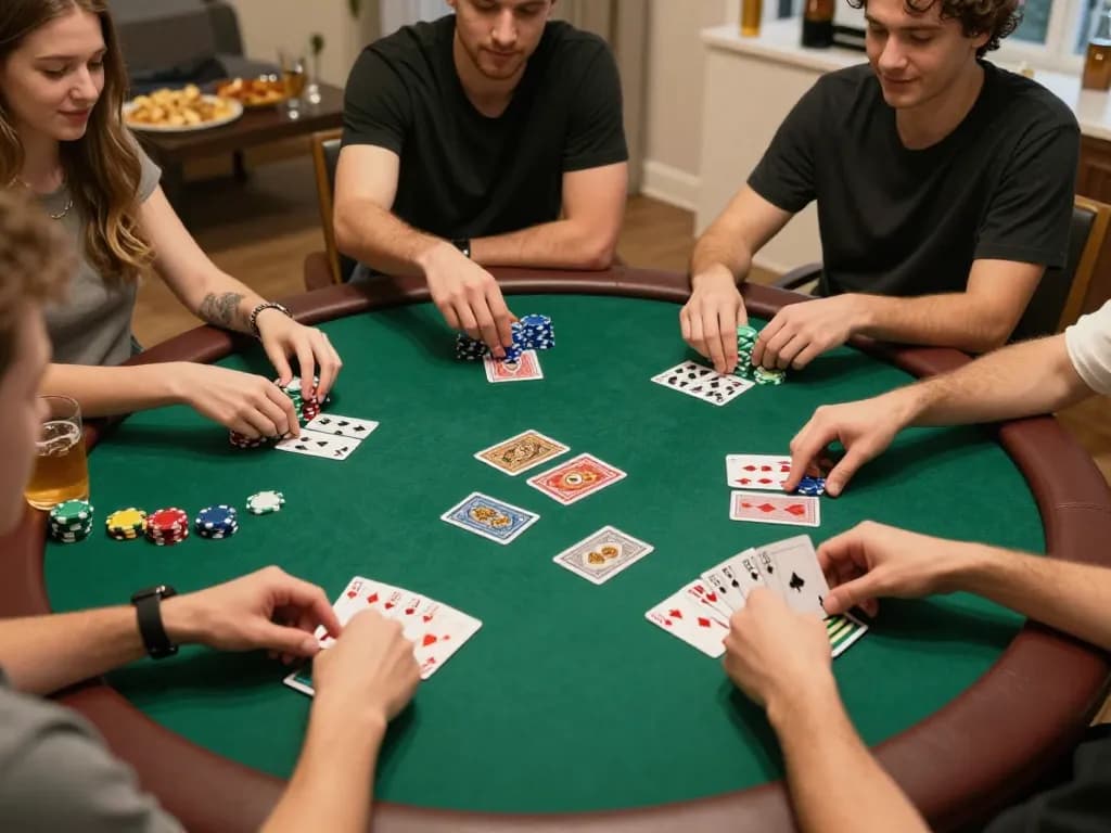 Engaging poker session among friends at home, highlighting strategic gameplay on trang chủ 79king.