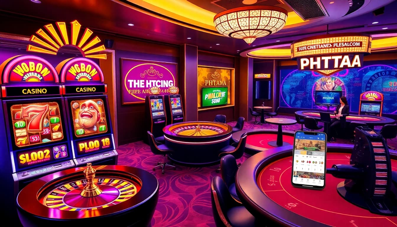 PHTAYA engaging online casino interface with vibrant slot machines and live dealer excitement.