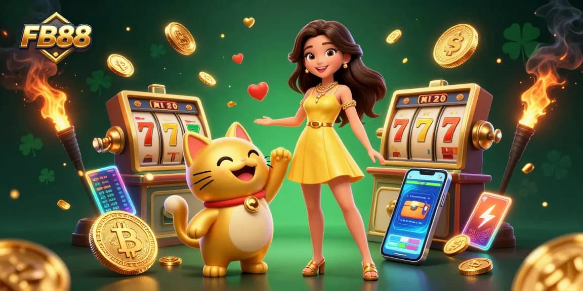 Engage with FB88’s thrilling games featuring slots, a lucky cat, and vibrant elements.