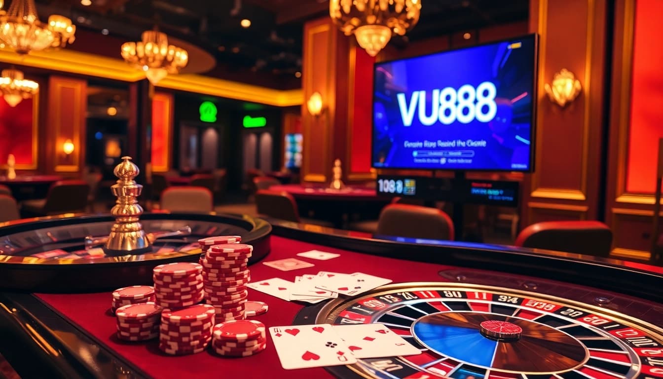Experience the thrill at VU88's luxurious gambling table, featuring vibrant chips and cards.