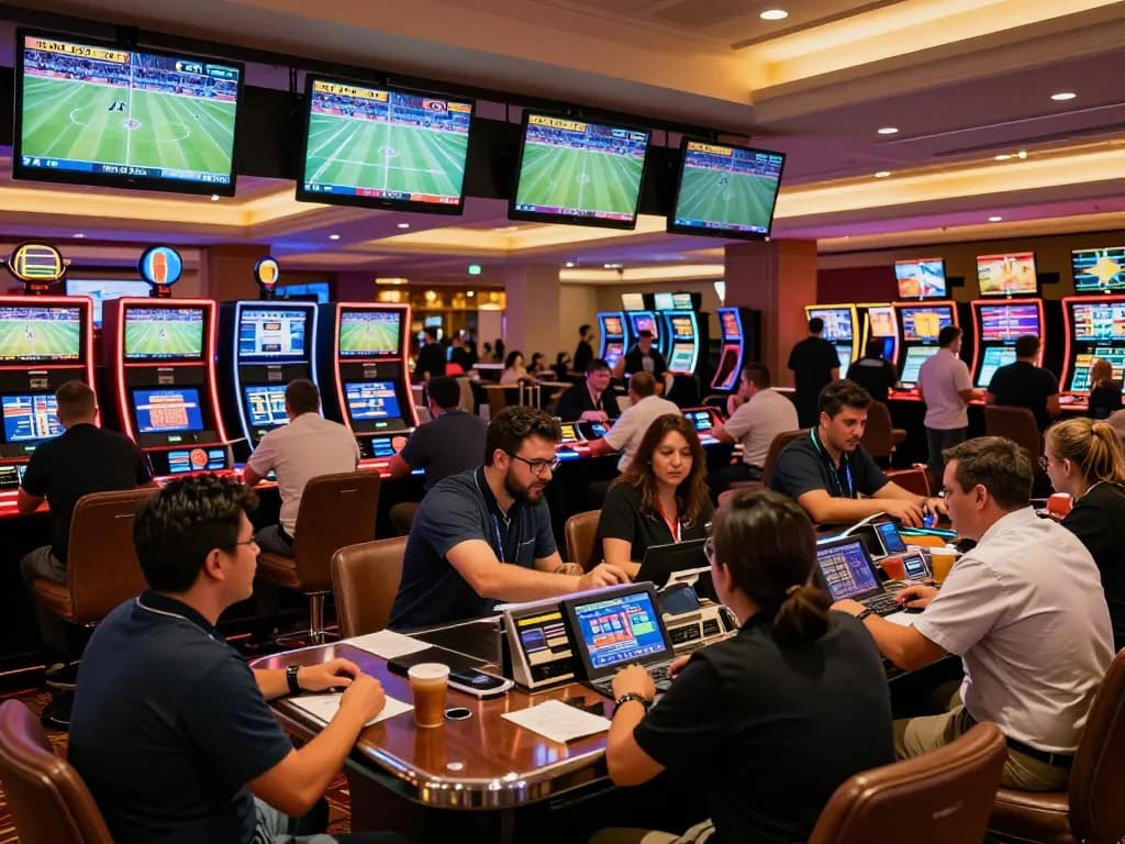 99WIN patrons placing bets at a lively sports betting counter amidst exciting live sporting events.
