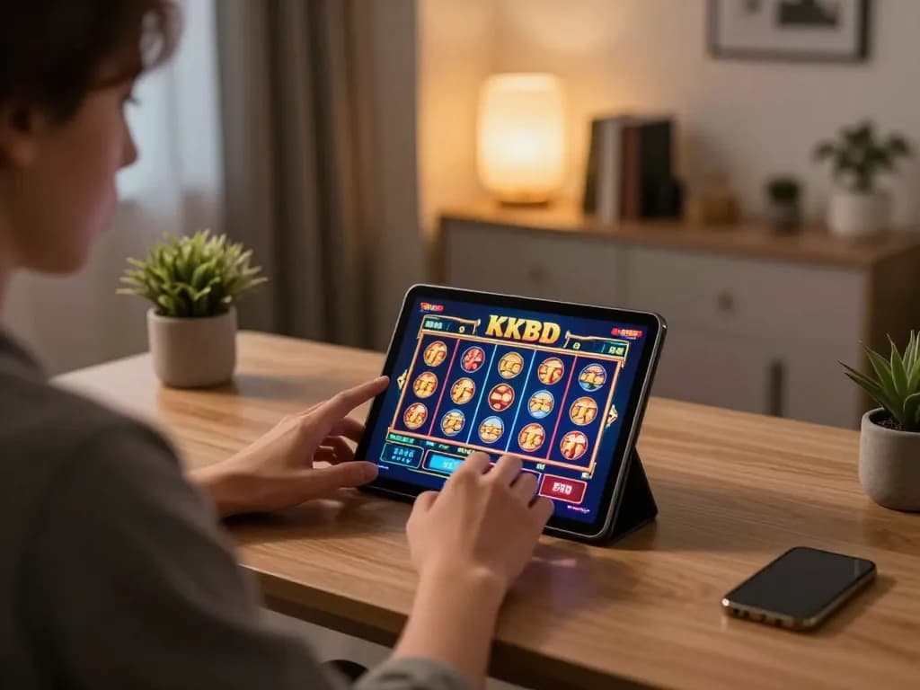 Engaging in thrilling online gaming at KKBD Casino on a tablet, showcasing a modern home atmosphere.
