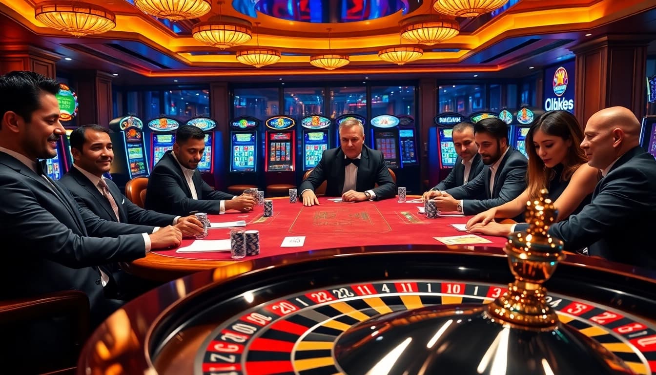 Engaging players at the QQ88pro Vip high-stakes poker table in a vibrant casino setting.
