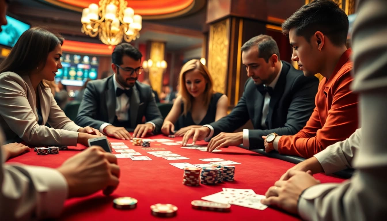 Excited players at a table showcasing strategies at nhà cái nk88, enhancing their casino experience with poker chips and cards.