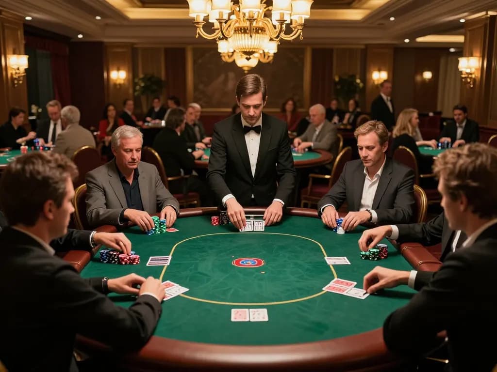 79 king players strategizing in an upscale casino poker game with vibrant atmosphere.
