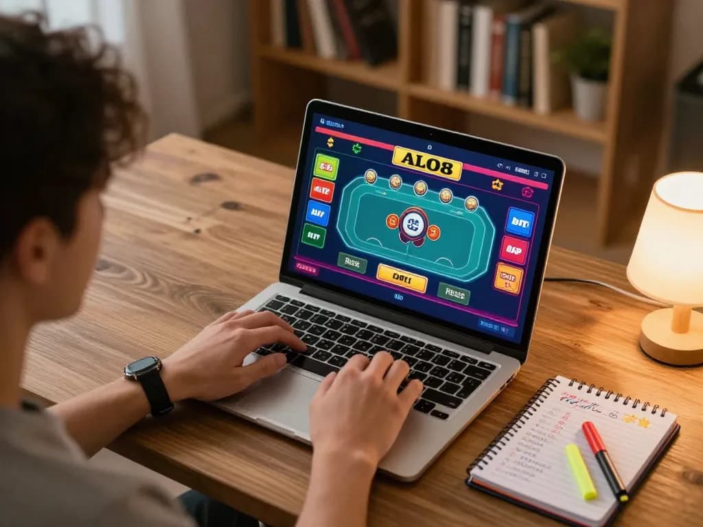 Engaged player enjoying ALO8 casino games on laptop, surrounded by strategy notes and warm home ambiance.