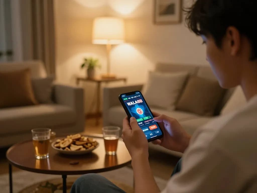 Engaging in mobile gaming on the WALA88 app, experiencing đá ga cp2 wala88 excitement from home setup with snacks