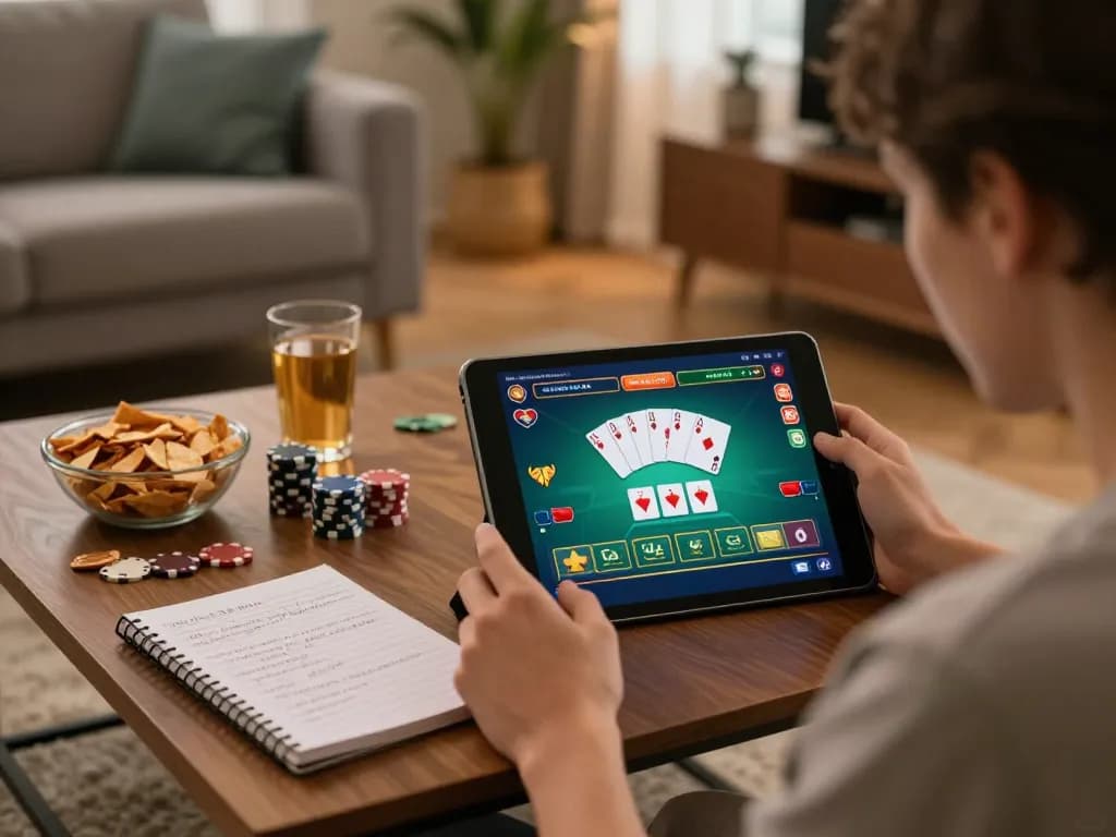 Engaged player using vipwin777 app on tablet for online poker at home with cozy decor.