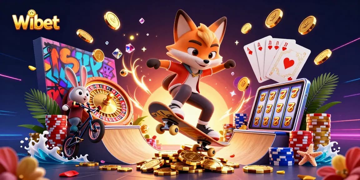Engage with Wibet's thrilling casino experience, featuring a vibrant fox and rabbit amidst golden coins and a roulette wheel.