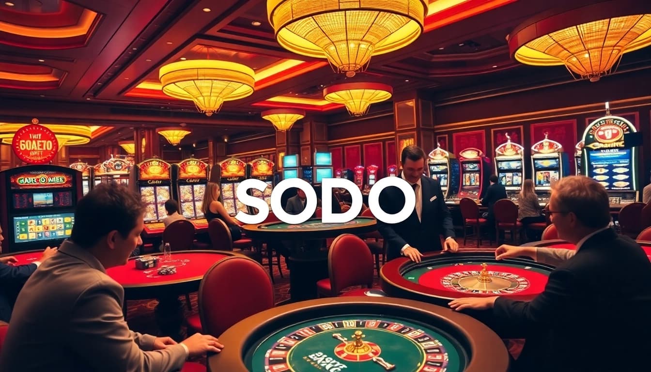 SODO Casino's luxurious gaming atmosphere with exciting roulette and poker tables.