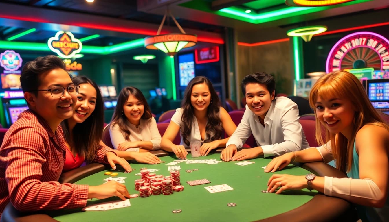 Exciting casino scene featuring diverse players engaging in games at new88go.com, showcasing vibrant poker action.